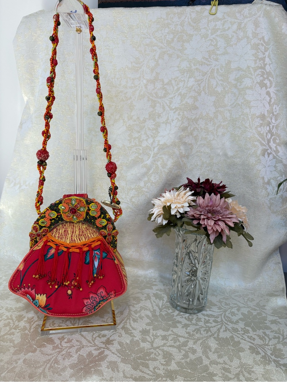 Mary Frances Red Floral and Stripe Beaded and Embroidered Floral Handbag